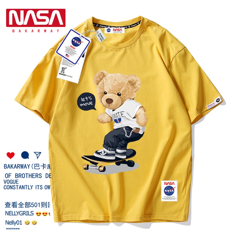 เสื้อโอเวอร์ไซ-j7ajผ้าแขนเสื้อยืดผ้าฝ้ายสั้นพิมพ์การ์ตูนรูปแบบนักบินอวกาศนาซาหลวมพอดีขนาดใหญ่พิเศ