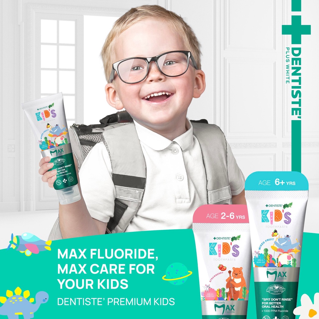 Dentiste' ยาสีฟันแปรงแห้งเด็ก อายุ 6-12 ปี กลิ่นผลไม้รวม Kids Toothpaste Mixed Fruit Flavor ฟลูออไรด์ 1500PPM. 20,60 กรัม เดนทิสเต้