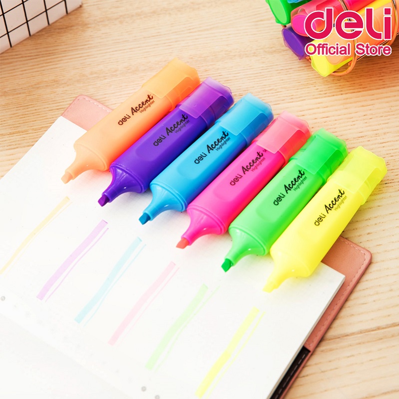 deli-s621-highlighter-ปากกาไฮไลท์-หัวตัด-1-5mm-แพ็คกล่อง-10-แท่ง-มี-6-สีให้เลือก-ปากกาเน้นข้อความ-เครื่องเขียน-ไฮไลท์