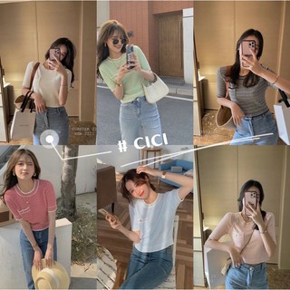 Cici(NO.9306)เสื้อแขนสั้นไหมพรมคอกลมสีพื้น แขนจั้ม ดีเทลแต่งกระเป๋าหน้าสุดคิ้วท์