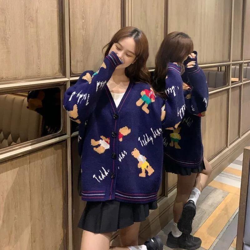 เสื้อคาร์ดิแกน-คอวี-ชนิดผ้าถัก-ทรงหลวม-สำหรับสตรี-เสื้อกันหนาวลายหมี