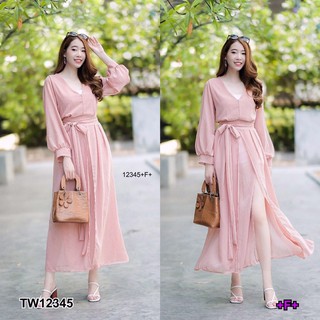 TW12345  เดรสคอวียาว งานผ้าชีฟองพริ้วๆ เนื้อผ้าใส่สบาย มีซิปหลัง เอวเย็บติดสายผูก เอวปล่อยไม่สม็อคค่ะ กระโปรงผ่าหน้านะคะ