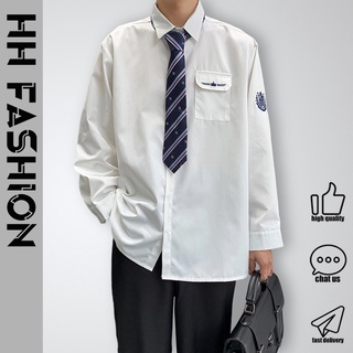 เสื้อเชิ้ตแขนยาว ทรงหลวม สีขาว สไตล์เกาหลี สําหรับผู้ชาย และนักเรียน