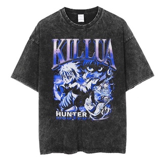 เสื้อยืดสีดำอินเทรนด์เสื้อยืดโอเวอร์ไซส์ killua hunter x hunter ovp คิรัว ผ้าฟอกS M L   XL  XXL