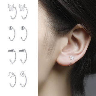 สินค้า Fashion Silver Simple Women Girl Hoop Earring Bead Butterfly Star Moon Clover Shape Ear Stud Earring Jewelry
