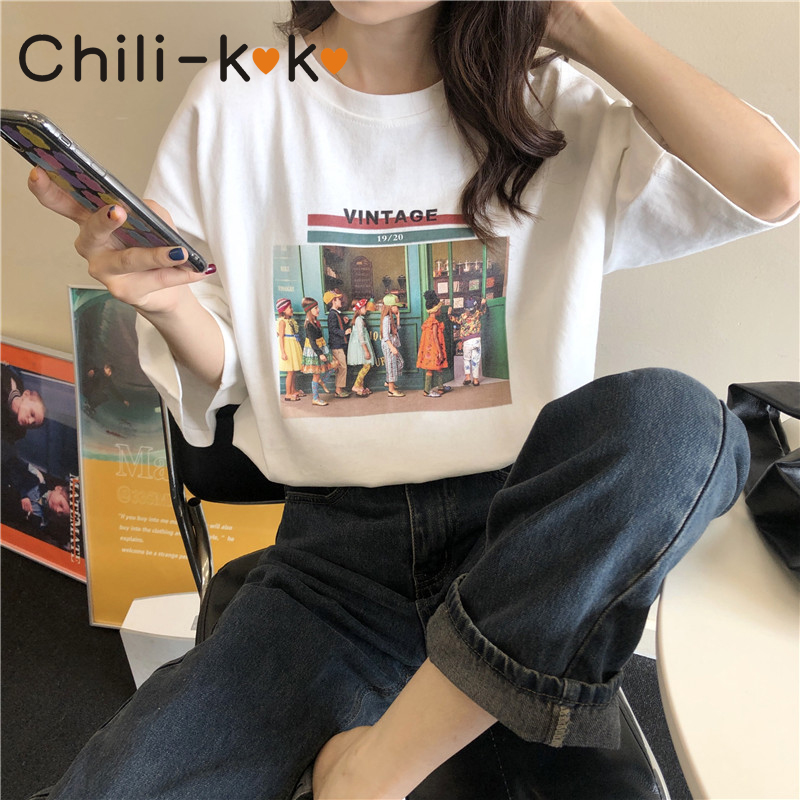 chili-k-k-6785-เสื้อยืดผู้หญิงแฟชั่นใหม่-oversizet-shirts-เสื้อผ้าสกรีนลาย-สไตล์เกาหลี-โอเวอร์ไซส์-เสื้อยืดแขนสั้น