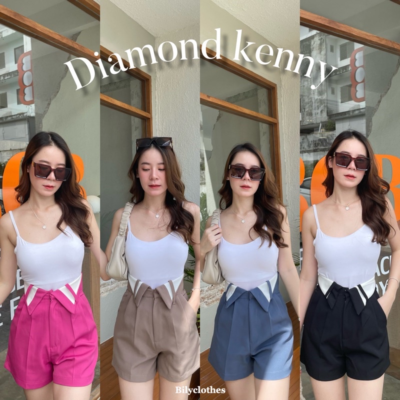 พร้อมส่ง-กางเกงขาสั้นผู้หญิง-ตะขอหน้าพับเอว-ทรงใหม่มาแรง-ผ้าเคนนี่เอวสูงเก็บพุง