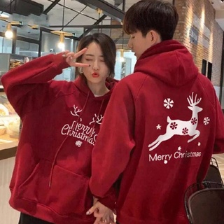 เสื้อแจ็กเก็ตกันหนาว แขนยาว มีฮู้ด ทรงหลวม ขนาดใหญ่ ลายคริสต์มาส กวางเอลก์ แฟชั่นคู่รัก