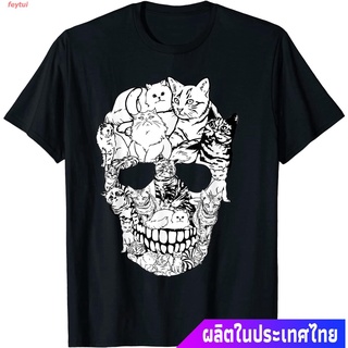 เสื้อยืดผ้าฝ้ายพิมพ์ลาย ราคาถูกเสื้อยืดfeytui 2022 แมว น่าสนใจ น่ารัก  Cat Skull Shirt - Kitty Skeleton Halloween Costum