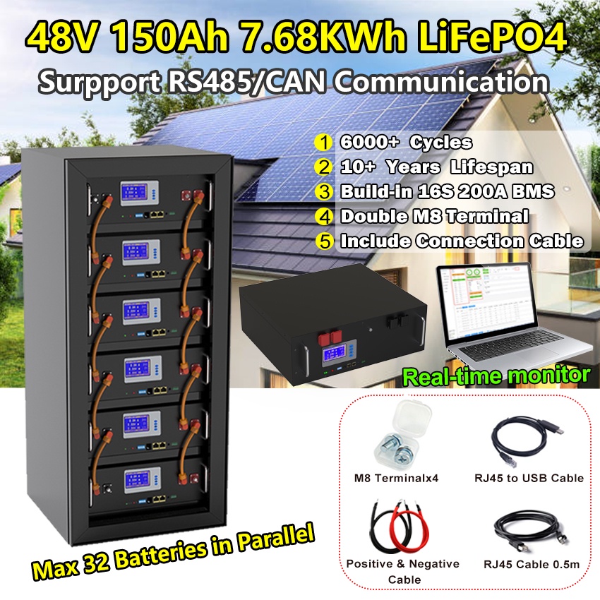 48V LiFePO4 Battery Pack 200Ah 150Ah 100Ah 51.2V Built-in 16S 200A BMS ...