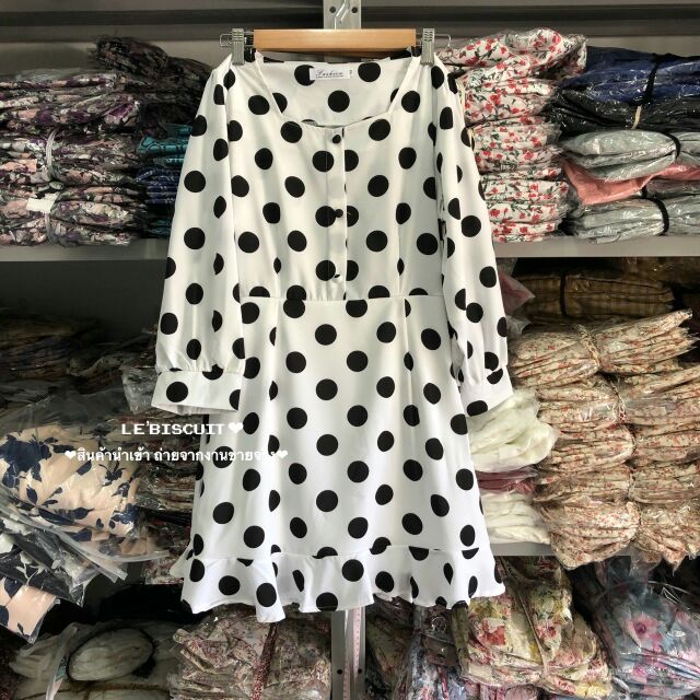 new-polka-dot-dress-สินค้านำเข้า-พร้อมส่ง-มินิเดรสลายดอทสุดคิวท์