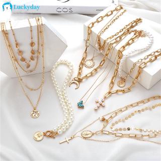 ภาพหน้าปกสินค้าYEEZII Multilayer Gold Necklace Pearl Choker Cross Pendant Chain Women Vintage Accessories ที่เกี่ยวข้อง