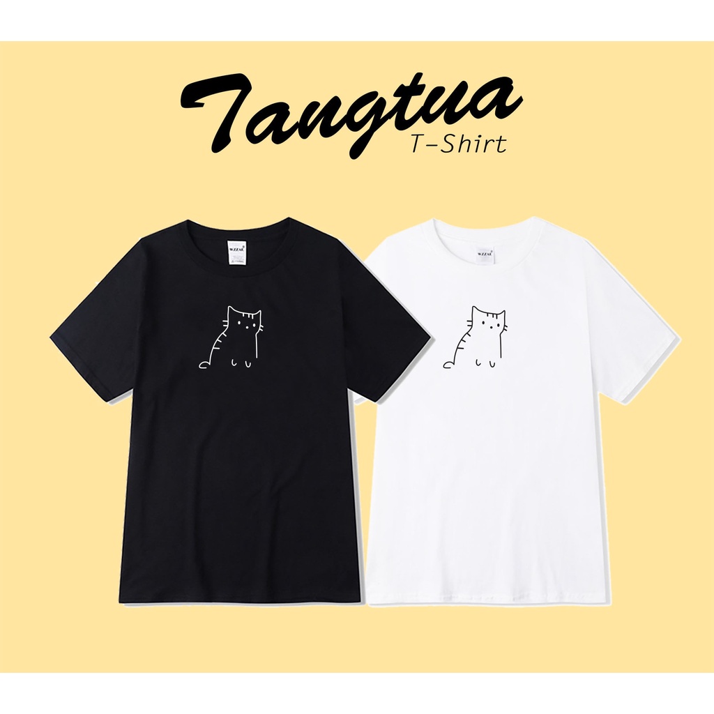minimal-collection-เสื้อยืดแขนสั้นลายการ์ตูน-เสื้อคู่ลายแมว-เสื้อยืดมินิมอล-ผ้าคอตตอนสีขาว-ดำ