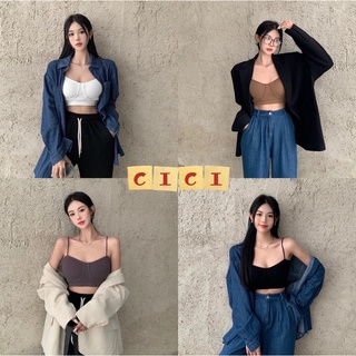 cici(NO.1821)สายเดี่ยวครอปมีฟองน้ำ เนื้อผ้าทอร่องยืดได้เยอะ ใส่สบายแมทช์ง่ายสุดๆ