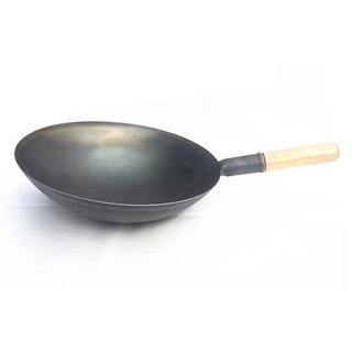 □﹊wooden handle Wok Cooking Wok Household large Iron pot Old-fashioned Uncoated Non-stick pan Round Bottom wok Chef Frie