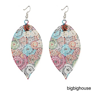 Women Girls Multicolor Hollow Printing Leaf Dangle Earrings Leaves Drop Ethnic Ear Stud Pin Jewelry Gift