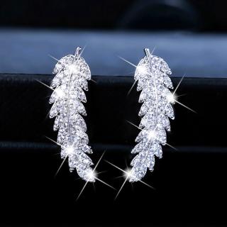 feather ear climbers cuff Earrings 925 Sterling silver &amp; 18k gold crystal diamond leaves cluster wedding earrings