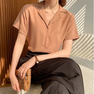 เสื้อเชิ้ตแขนสั้น คอวี ทรงหลวม สีพื้น แฟชั่นเรโทร สไตล์ฮ่องกง สําหรับผู้หญิง