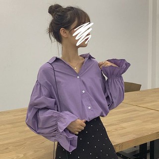 เสื้อเชิ้ตแขนยาวหญิงเกาหลีหลวมในสีทึบเสื้อคอโปโล
