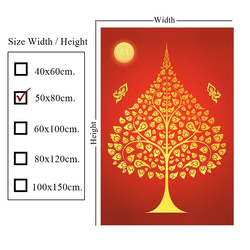 ภาพติดผนัง-ต้นโพธิ์พระจันทร์เทวดาสาธุพื้นแดง-กาวในตัว