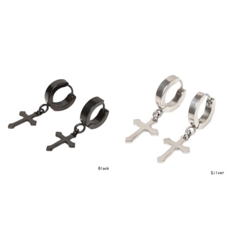 E13 ✝ พร้อมส่ง ต่างหูห่วงสแตนเลสห้อยไม้กางเขน *1คู่