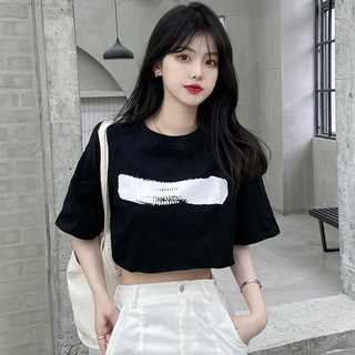 เสื้อครอปท็อป คอกลม แขนสั้น ผ้าฝ้าย เอวสูง พิมพ์ลายเซ็กซี่ แฟชั่นฤดูร้อน สไตล์เกาหลี 2022