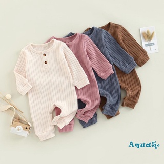 Aqq ชุดจั๊มสูทรอมเปอร์แขนยาวลําลอง ผ้าถัก แต่งกระดุม สีพื้น สําหรับเด็กทารกแรกเกิดผู้ชาย และผู้หญิง