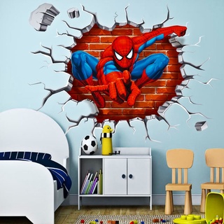 Spiderman สติ๊กเกอร์ติดผนังห้องเด็ก 3D Stereoscopic ตกแต่งผนังภาพวาดห้องนั่งเล่นพื้นหลังภาพจิตรกรรมฝาผนังที่ถอดออกได้สติ๊กเกอร์ติดผนัง