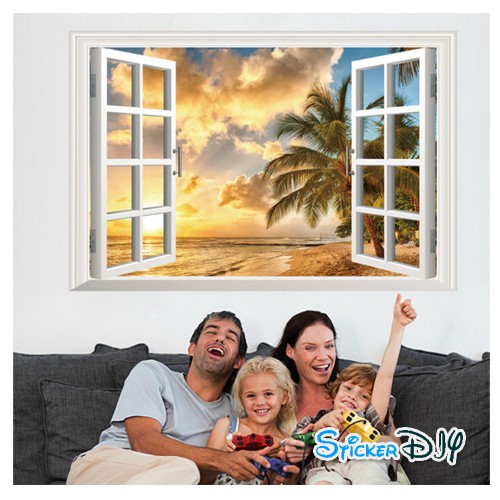 transparent-wall-sticker-สติ๊กเกอร์ติดผนัง-3d-ชายหาดพระอาทิตย์ตก-กว้าง85cm-xสูง57cm