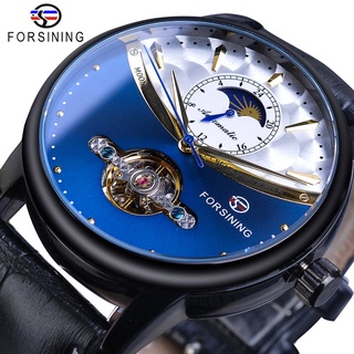 Forsining Royal Blue Tourbillon Automatic Watch Men Moonphase Black Genuine Leather Belts Mechanical Watches Otomatik Er