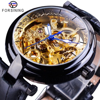 Forsining Retro Black Golden Skeleton Watches Blue Luminous Hands Genuine Leather Mens Mechanical Clock Transparent Wri