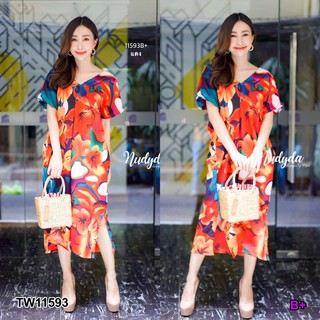 AK 11593 Dress คอวีผ้าหางกระรอก