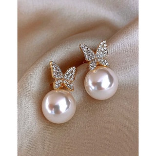 ต่างหูแฟชั่น ต่างหูมุก ผีเสื้อ สวยๆ 1pair Faux Pearl & Rhinestone Butterfly Decor Earring Jackets