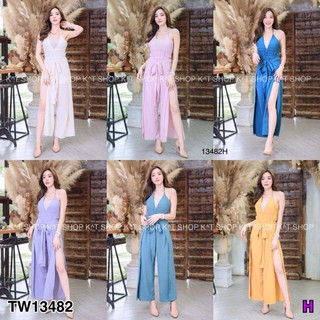 &lt;TW13482&gt;จั้มสูทขายาว สายเดี่ยว ด้านหน้า คอและหลังแต่งสายผูกโบว์ ผ้าชีฟองฟอกสีพื้นงานสวย ดีเทลเก๋สุดๆ รอบเอวยืดสม็อคหลัง