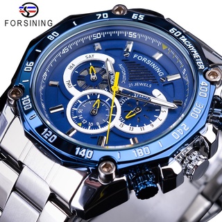 Forsining 2019 New Blue Design Complete Calendar 3 Small Dial Silver Stainless Steel Automatic Mechanical Watches for Me