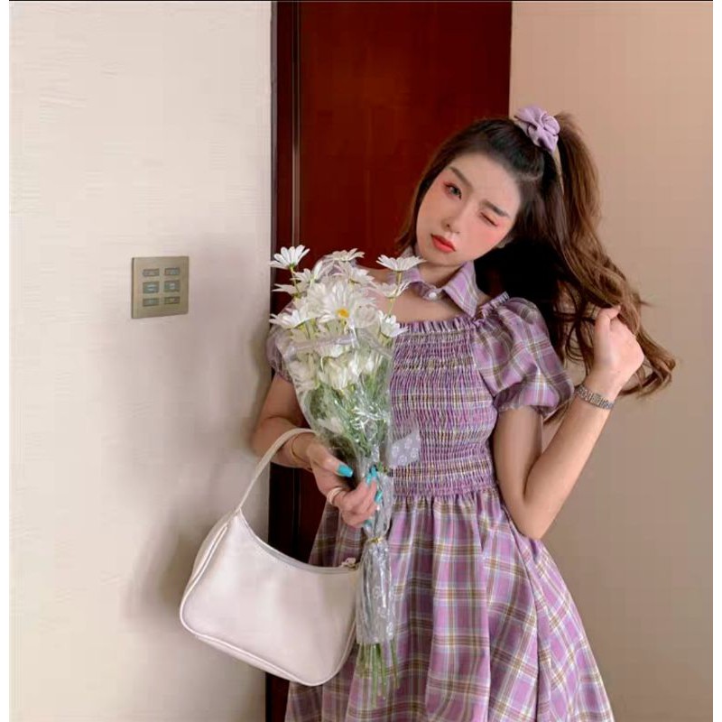 เดรสลายสก็อตปกเสื้อปลอมสีสดใส-สวยๆน่ารักๆเก๋ๆสไตล์เกาหลีพร้อมส่งราคาถูกแสนถูกใจ
