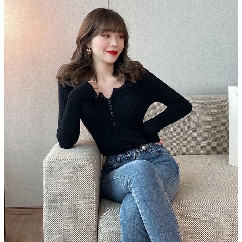 ct19เสื้อยืดไหมพรมผู้หญิงแขนยาว-เข้ารูป-แฟชั่นสไตล์เกาหลี-กระดุมหน้า-free-size