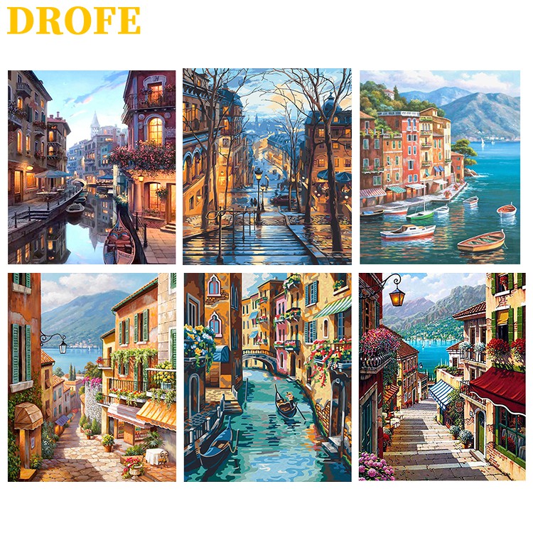 ภาพหน้าปกสินค้าDROFE ภาพระบายสีตามตัวเลข รูปเมืองริมน้ำ สำหรับตกแต่งบ้าน ของขวัญ DIY ขนาด 50X40 ซม.
