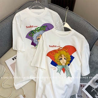 เสื้อยืดแขนสั้นพิมพ์ลายการ์ตูนสาวสาวสวยอินเทรนด์