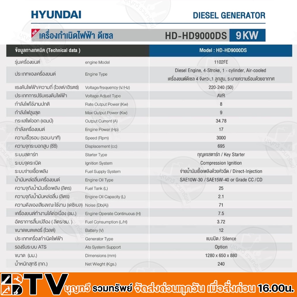 hyundai-เครื่องปั่นไฟดีเซล-9-kw-รุ่น-hd-de-hd9000ds-เครื่องยนต์-17-hp-ตู้เก็บเสียง-เสียงเงียบ-ประกัน-1-ปี-ตามเงื่อนไข