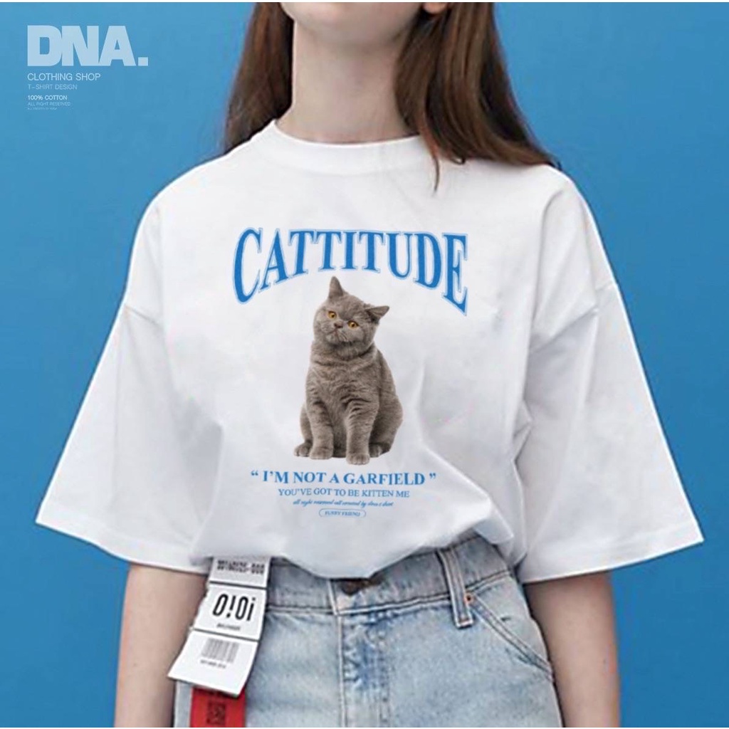 เสื้อยืดคอกลมดีเทลลายแมว-cattitude