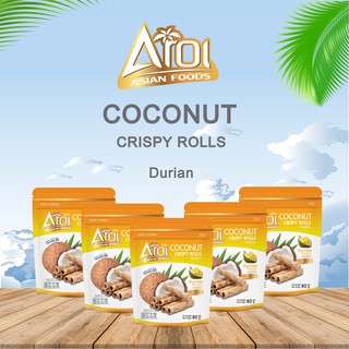 AROI COCONUT CRISPY ROLLS กลิ่นทุเรียน แพ็ค 5 ซอง ทองม้วนกะทิสด ทองม้วนกรอบ แบบซิปลอค ขนาด 80 กรัม