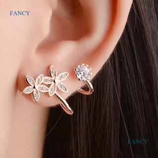 Fancy ใหม่ ต่างหูแบบหนีบ ลายดอกไม้ สีเงิน / สีโรสโกลด์ เก๋ไก๋ สําหรับผู้หญิง