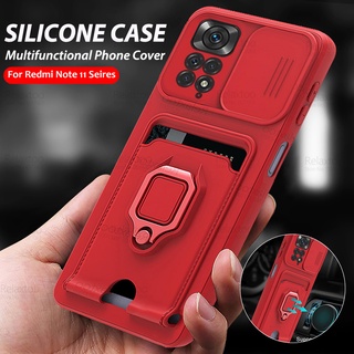 Push Camera Protect Silicone Case For Xiaomi Redmi Note11Pro Redme Note11 11S Car Magnetic Ring Stand Card Wallet Cover