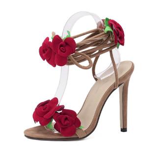 รองเท้าส้นสูง แบบผูกเชือก ขนาดใหญ่ ลายดอกไม้ สีชมพู สีแดง สําหรับผู้หญิง