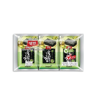 สินค้า สาหร่ายเกาหลีปรุงรสด้วยน้ำมันมะกอก และ น้ำมันทานตะวัน 1 แพ็ค 3ห่อ ทานเล่นก็ได้ กินกับข้าวก็อร่อย