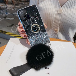 เคสโทรศัพท์ Xiaomi 11T Pro 5G Mi 11T 10T 10TPro Mi 11 Lite 5G NE Redmi 10 Phone Casing New Luxury Rhinestone Ring Holder Strap Fur Ball Clear Star Space TPU Soft Case Back Cover เคสXiaomi11T Redmi10