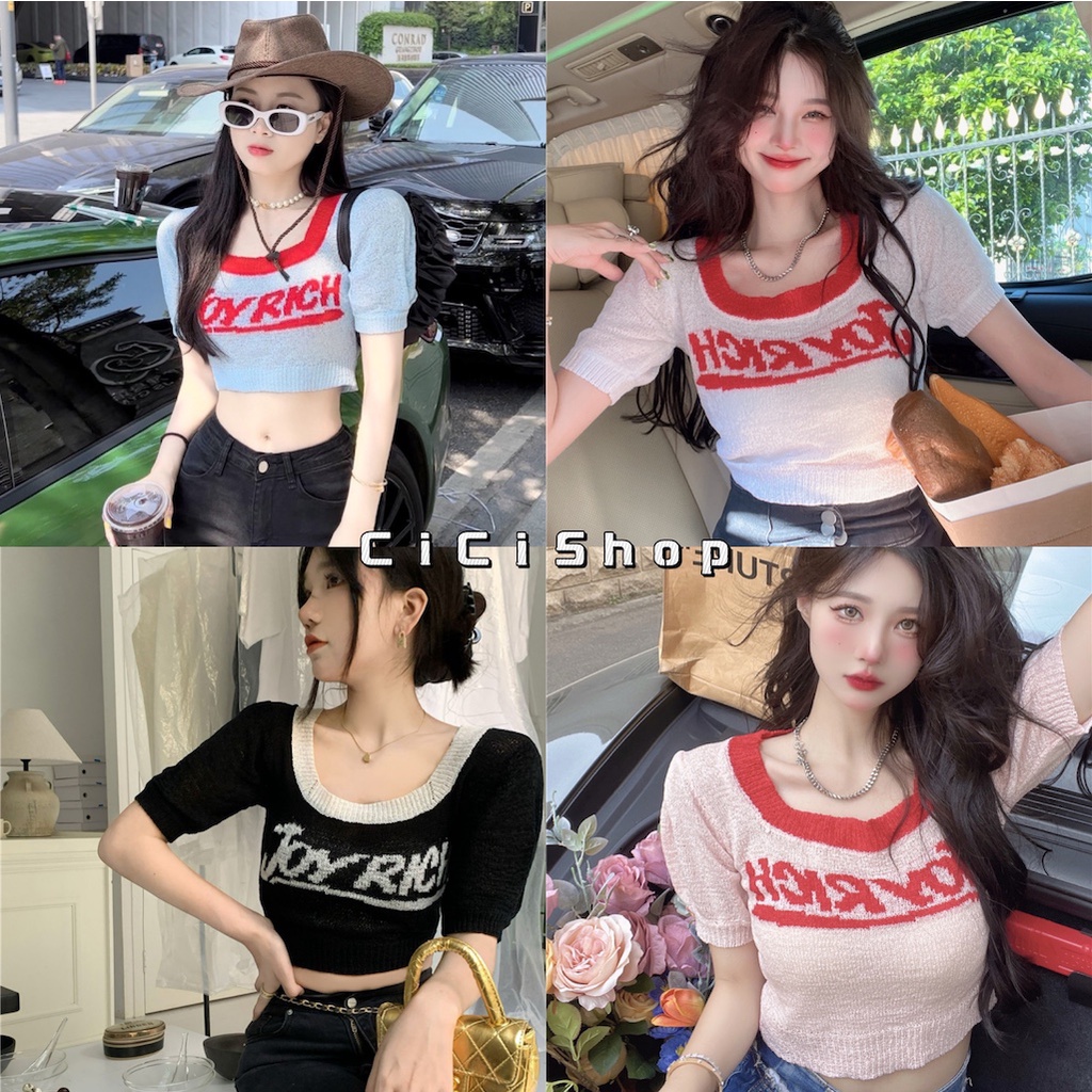 cicishop-8544-เสื้อไหมพรมถักแยขนสั้น-คอเหลี่ยม-ปักลายตัวอักษร-ไหมพรมซีทรูบางไม่ร้อน-ดีไซน์เก๋สไตลืเกาหลี