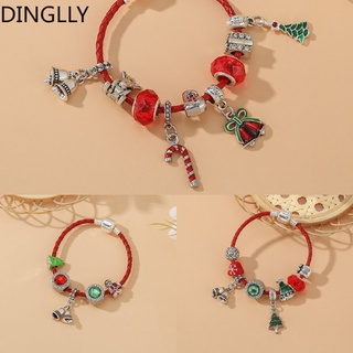 Dinglly สร้อยข้อมือหนัง จี้กระดิ่ง สีเงิน สีแดง สําหรับผู้หญิง ต้นคริสต์มาส และลูกปัดซานต้า สีเขียว