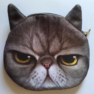 กระเป๋าใส่เหรียญลายหน้าแมวสีเทาหน้าบี้  3มิติเหมือนจริง Grumpy cat
